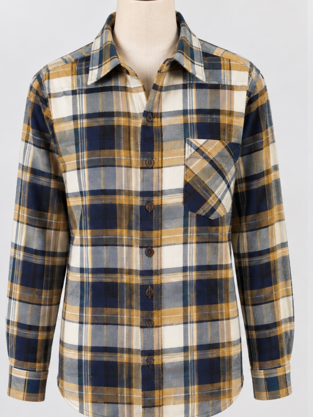 Men's Plaid Button-Down Shirt - Navy, Mustard & Cream